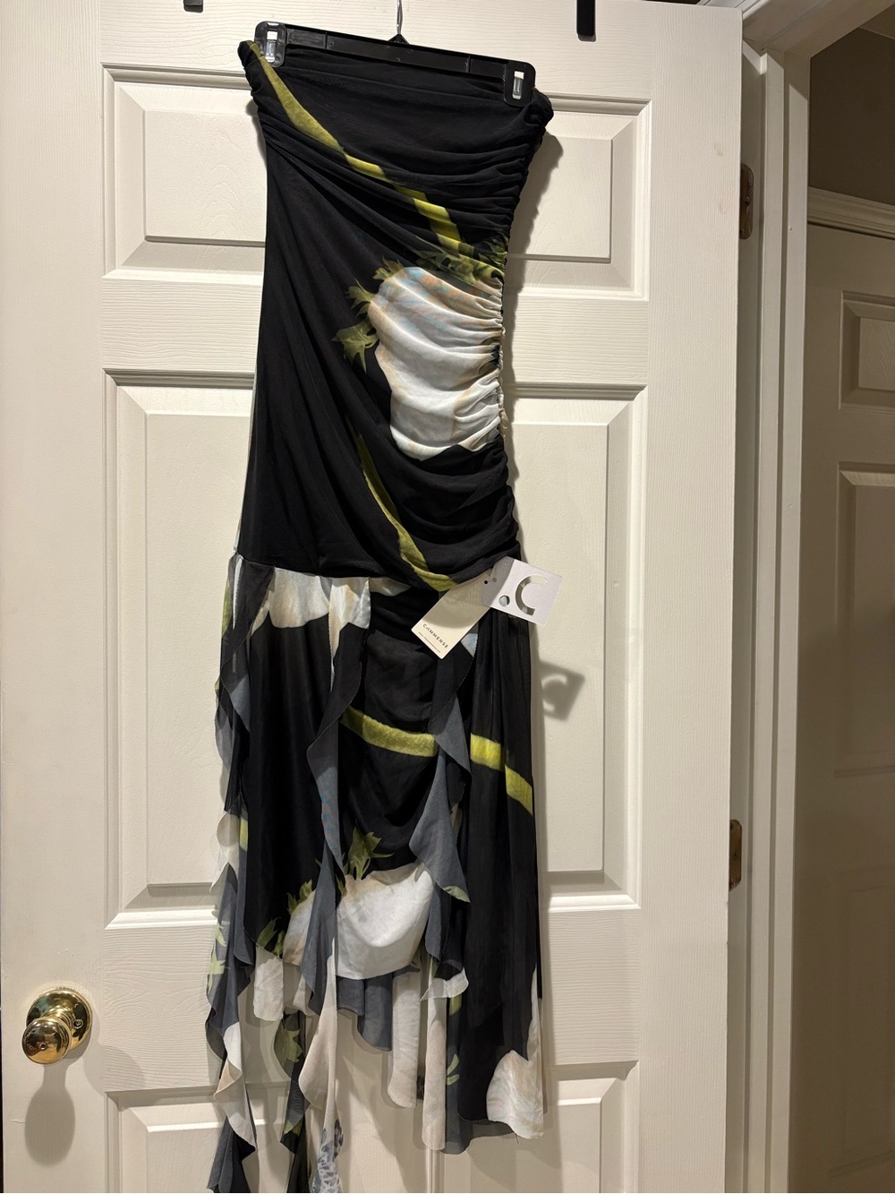 Commense Black Floral Strapless Ruching Cascade Dress with Olive Accents